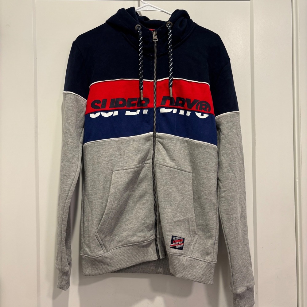 Superdry Mens Racer Print Scuba Zip Hood Navy Red Silver M2000032A Size Large